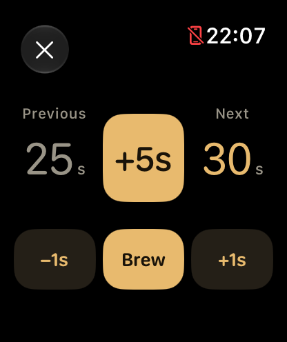 Gonglitea next brew screen with suggested time and one-second adjustments