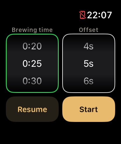 Gonglitea start screen with brewing time and offset selectors