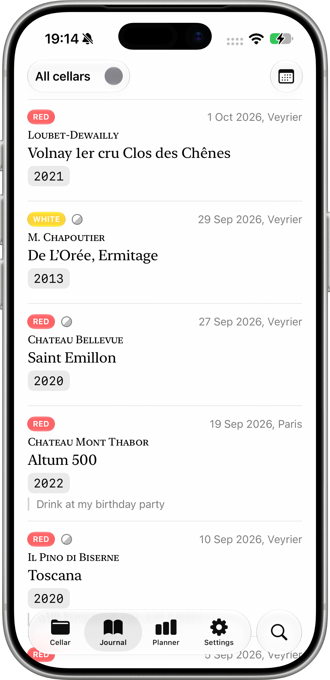 Pernolay Journal showing wines enjoyed and tasting notes